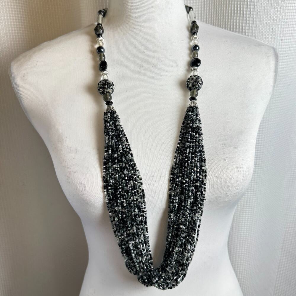 Vintage Seed Bead Statement Necklace Black White Gray Long Chunky Multi Strand